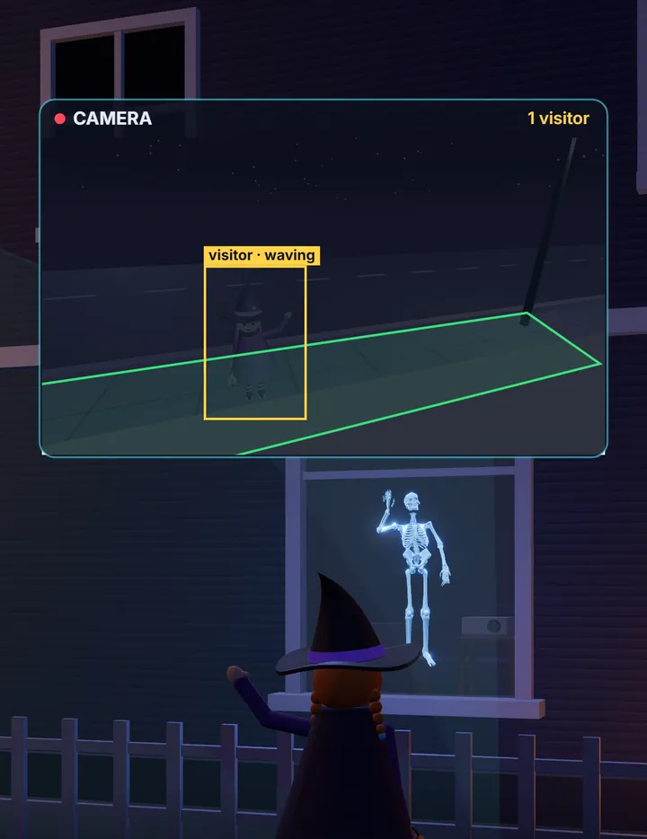 A child in a witch costume waves. The camera view marks a waving visitor and the projected skeleton waves back.